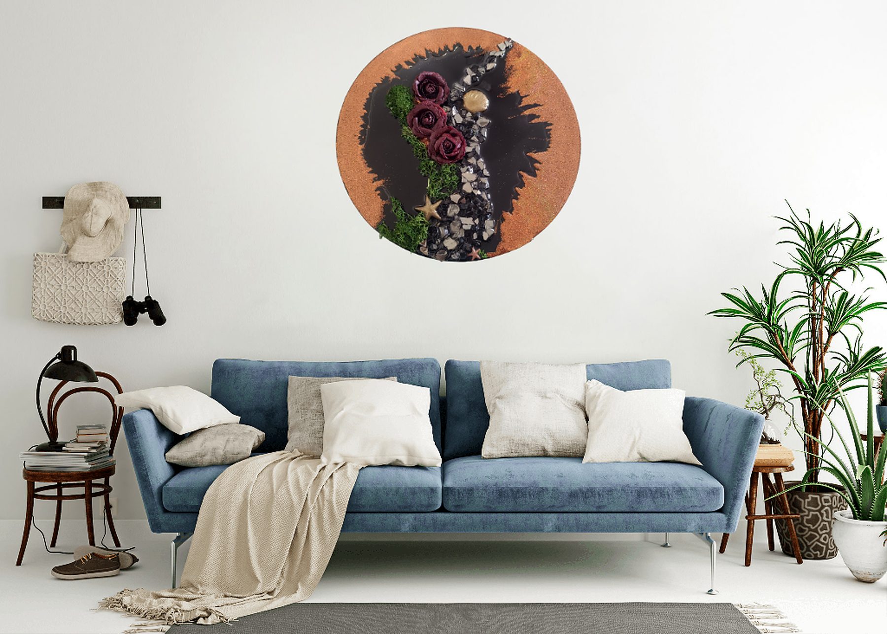 River of Hope hanging above a blue sofa in a bright living room