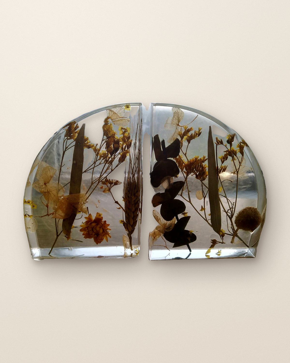 Clear resin bookends with preserved dried flowers