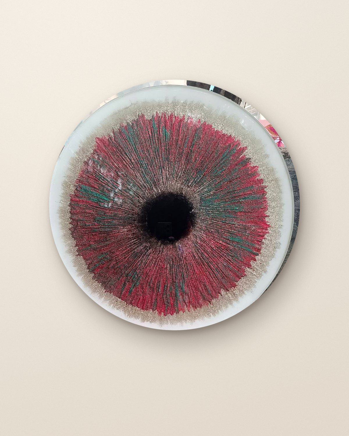 Iris, a round red and white resin wall artwork