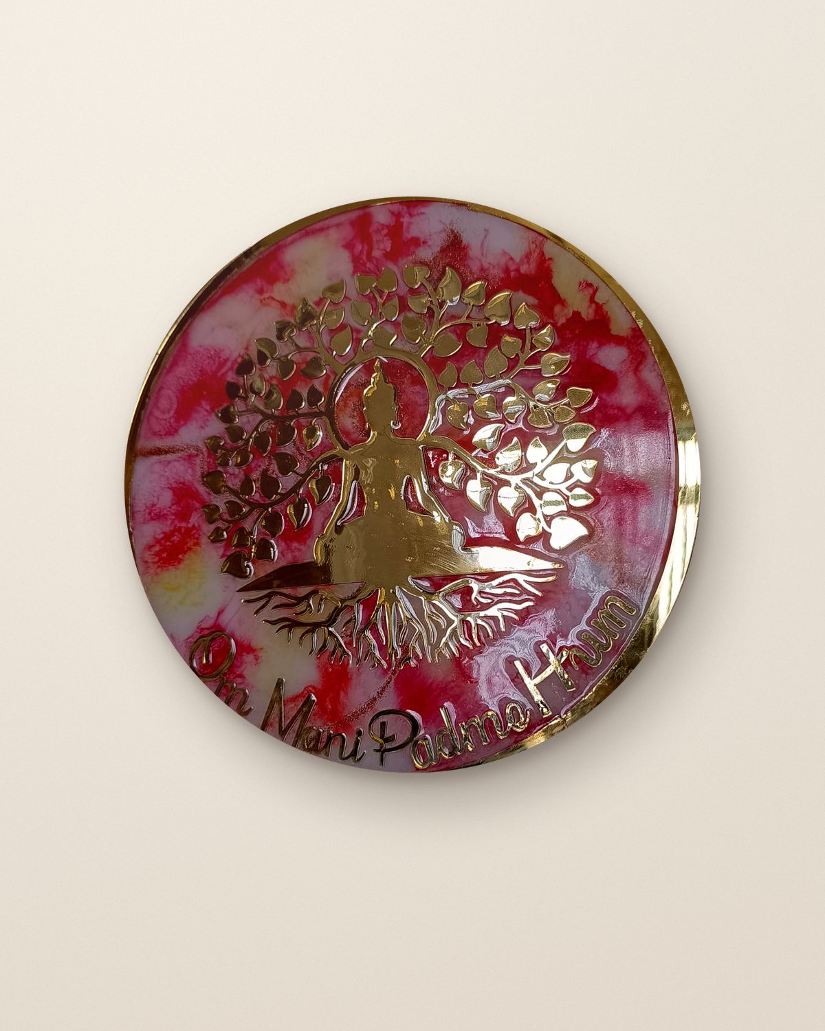Om Mani Padme Hum resin wall art in red and gold